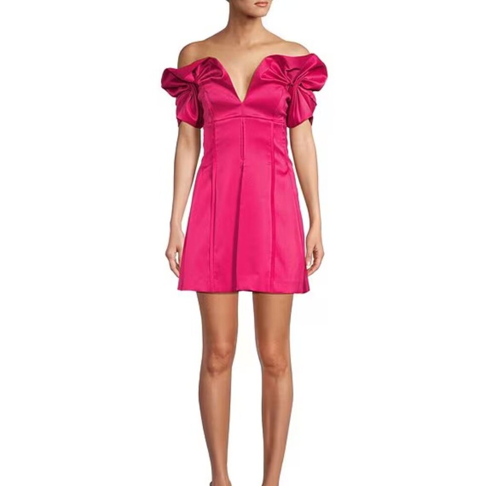 NWT Antonio Melani Adina Textured Satin V Neck Puff Sleeve Mini Dress- Size 6